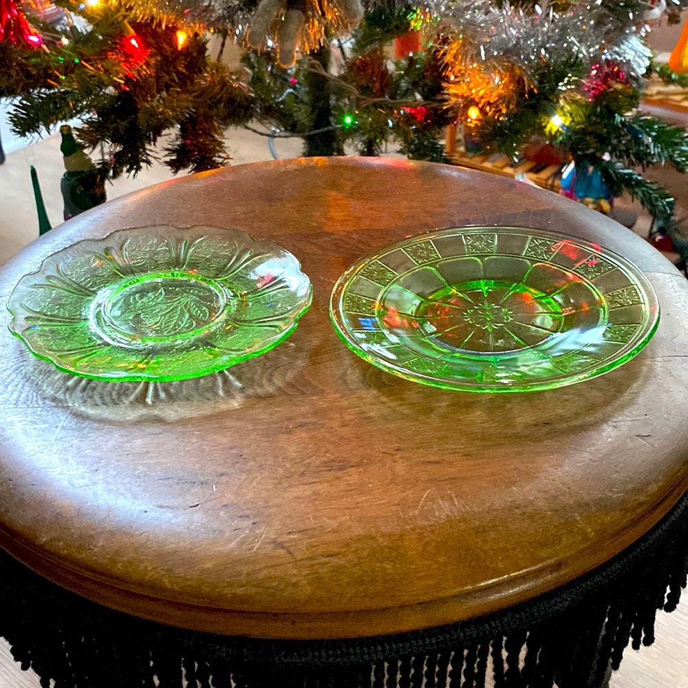 Set of 2 Green Glass 6” plates. Different patterns.